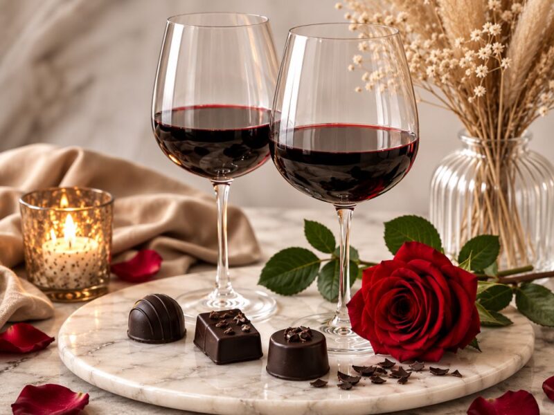 Dve čaše crnog vina, tamne čokoladne praline i crvena ruža na mermernom poslužavniku.