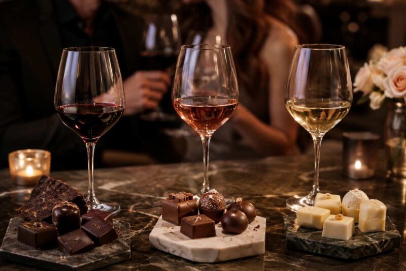 Tri čaše različitih vina uz tamnu, mlečnu i belu čokoladu serviranu za romantično veče udvoje.